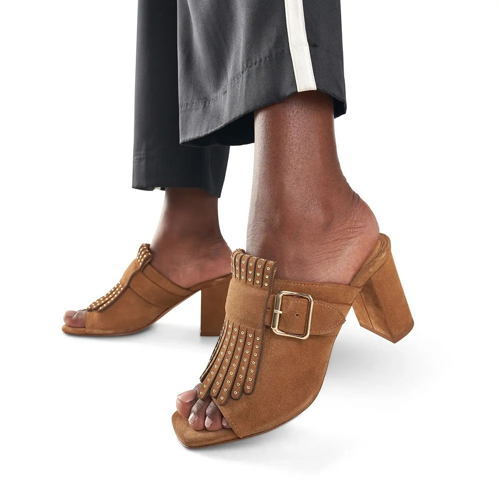 Brown Faux Suede Open Toe 3'' Chunky Heel Wide Band Studded Mules Nicepairs