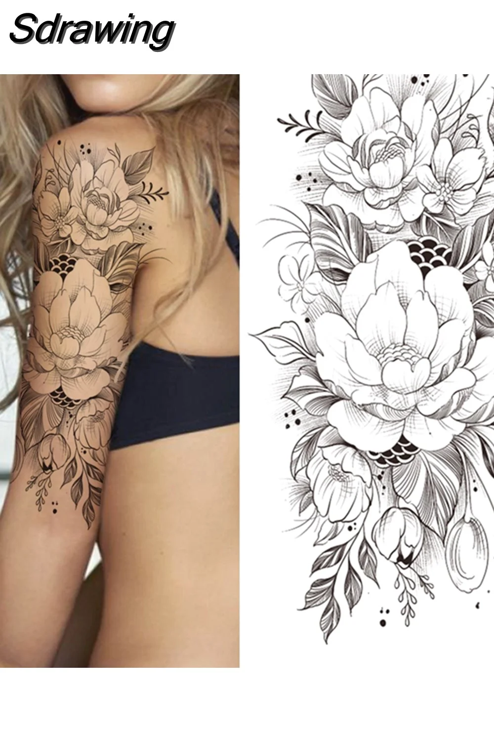 Sdrawing Fake Peony Temporary Tattoos For Women Girl Black Rose Elephant Flower Tattoo Sticker Tiger Anemone Tatoos Half Sleeve 521-1