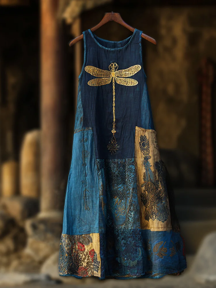 Vintage Dragonfly Boho Art Women's Linen Vest Midi Dress