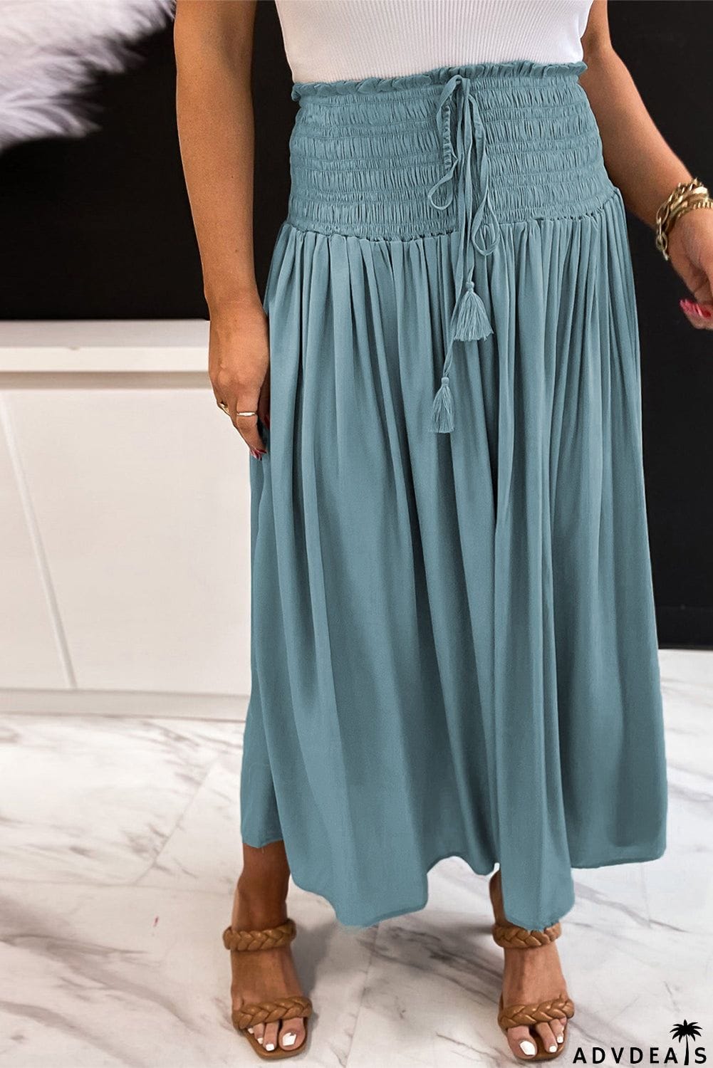 Drawstring Smocked High Waist A-line Skirt
