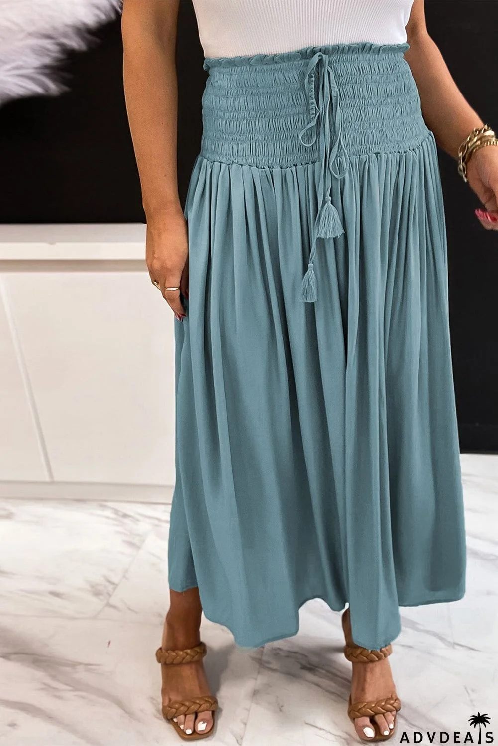 Drawstring Smocked High Waist A-line Skirt
