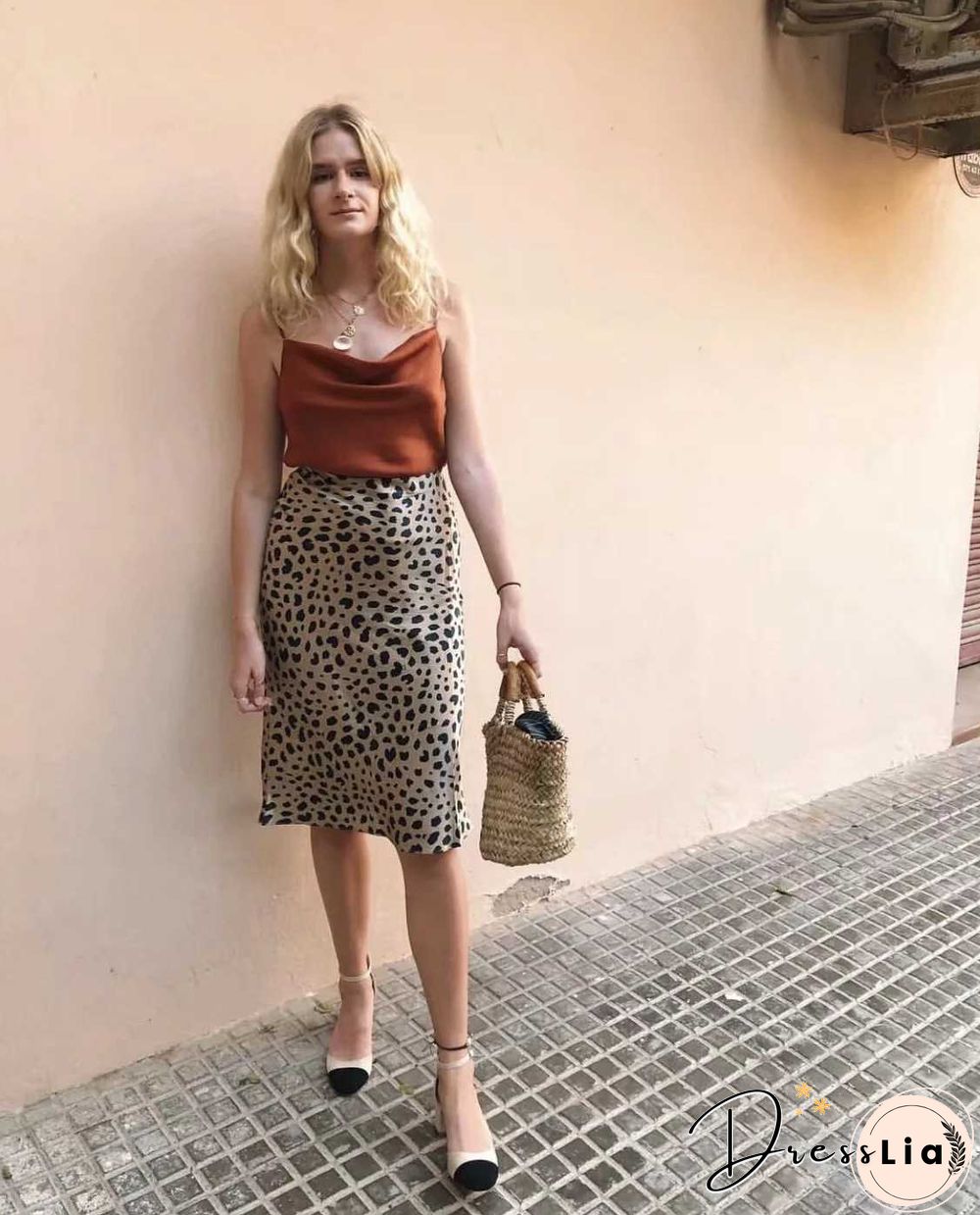 Retro Elastic Band High Waisted Leopard Print Satin Midi Skirt