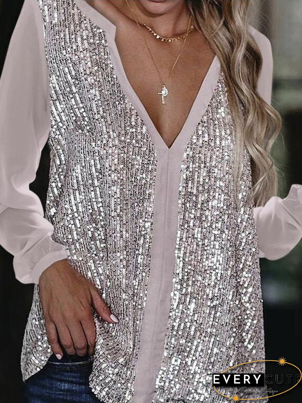 Sexy Deep V Neck Sequins Shirt