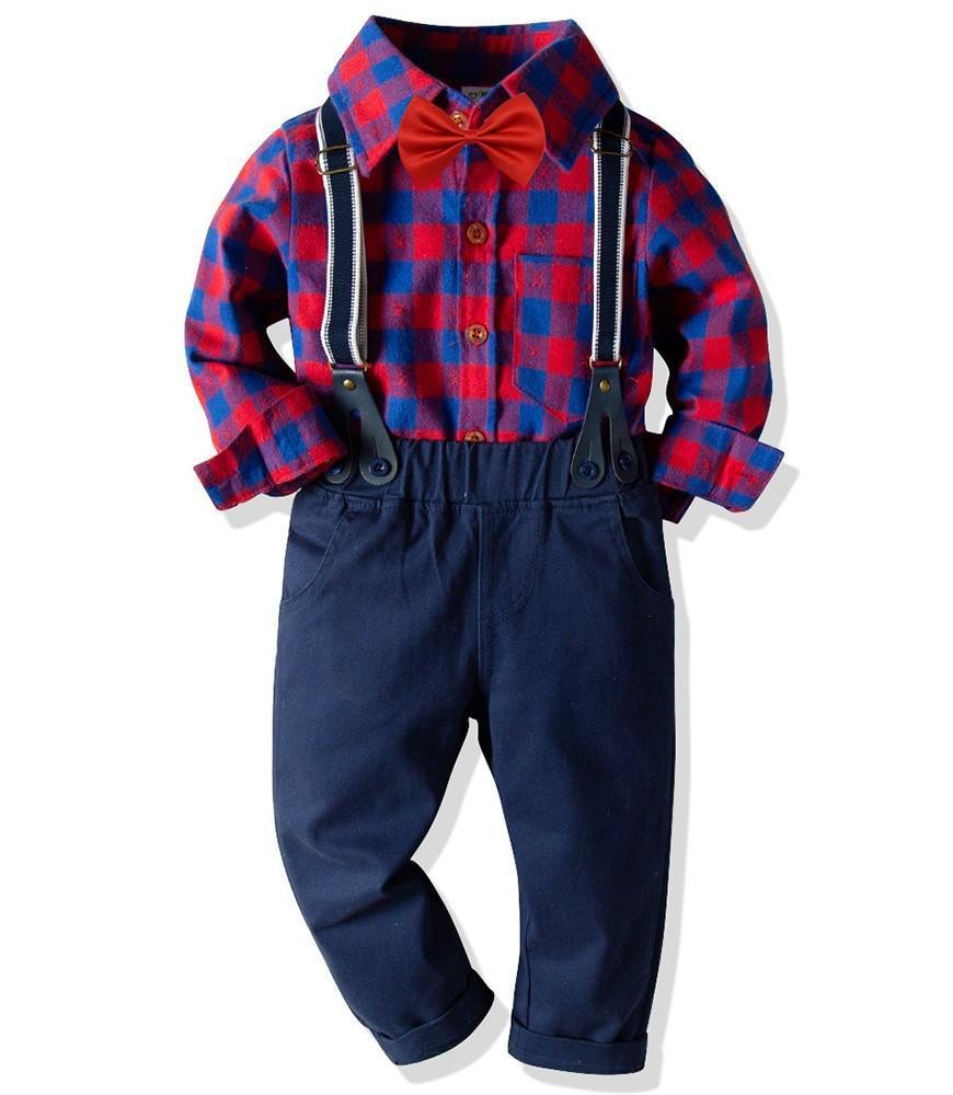 Buzzdaisy Red Plaid Shirt With Bow Tie And Blue Suspender Pants Boys Outfit Set