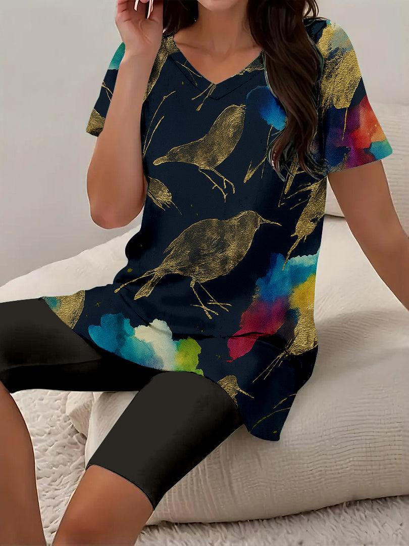 Women Long Sleeve V-neck Graphic Floral Printed Top