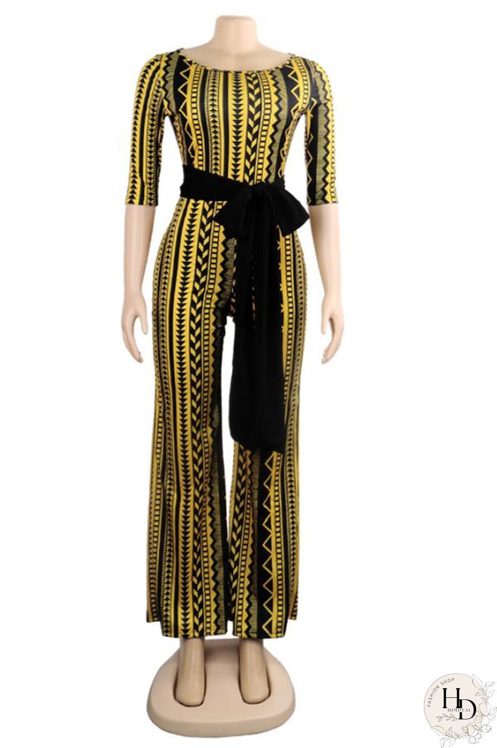 Yellow Casual Fashion bandage Print Asymmetrical Polyester Long Sleeve Peter Pan Collar Jumpsuits