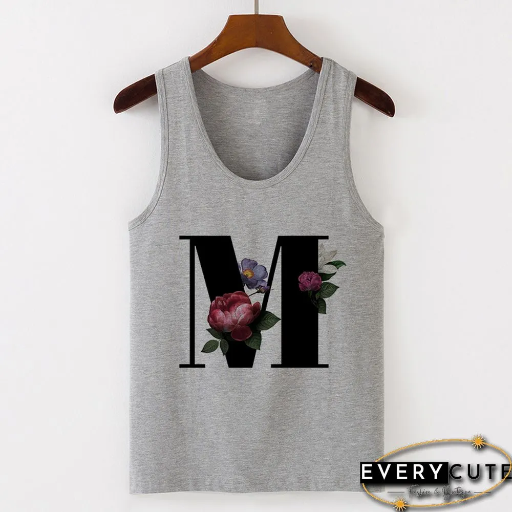 Summer Alphabet Print Camisole Sexy Tank Tops Vest Women Tee Shirt Sleeveless Gray Female