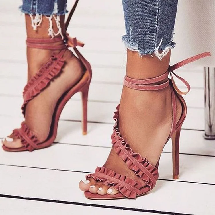 Pink Open Toe Stiletto Heels Ruffle Ankle Strap Strappy Sandals |FSJ Shoes