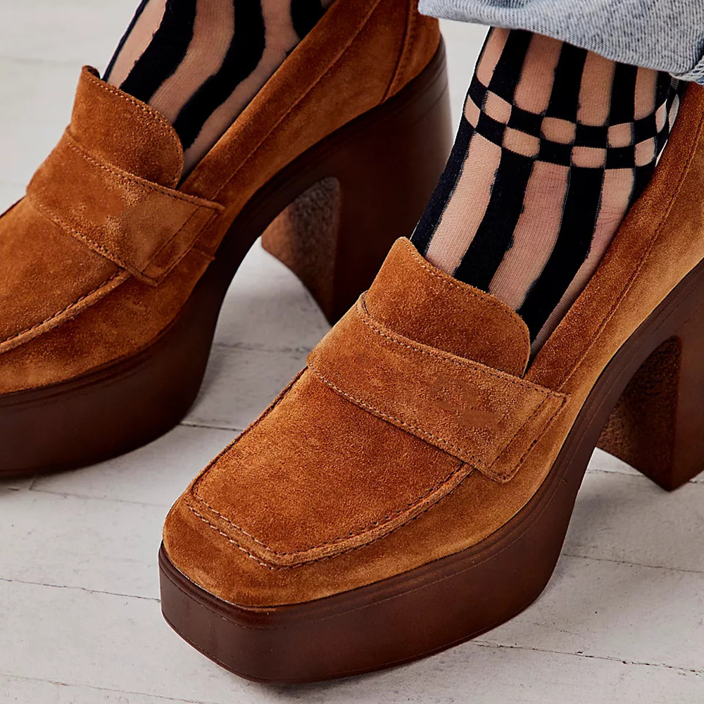 Brown Vegan Suede Slip-On Square Toe Chunky Heel Platform Loafers Nicepairs