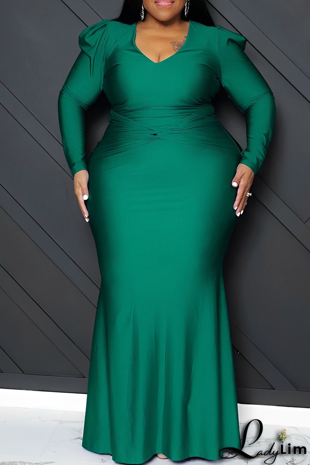 Orange Casual Solid Patchwork V Neck Long Sleeve Plus Size Dresses