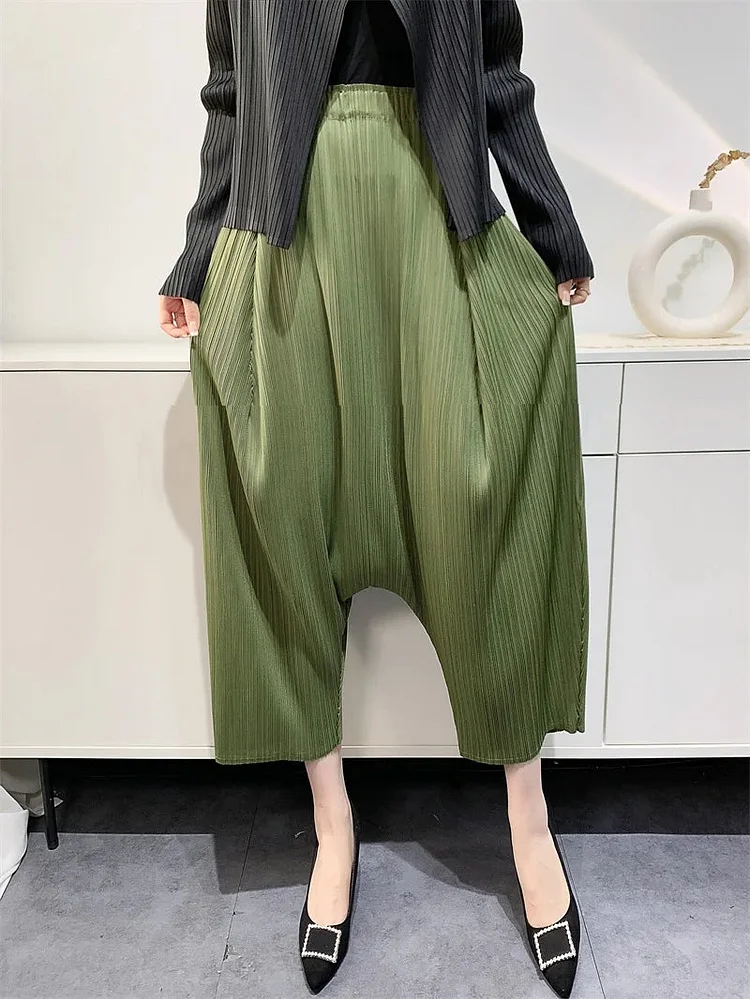 Casual Navy High Waist Pockets Pleated Wide Leg Harem Pants