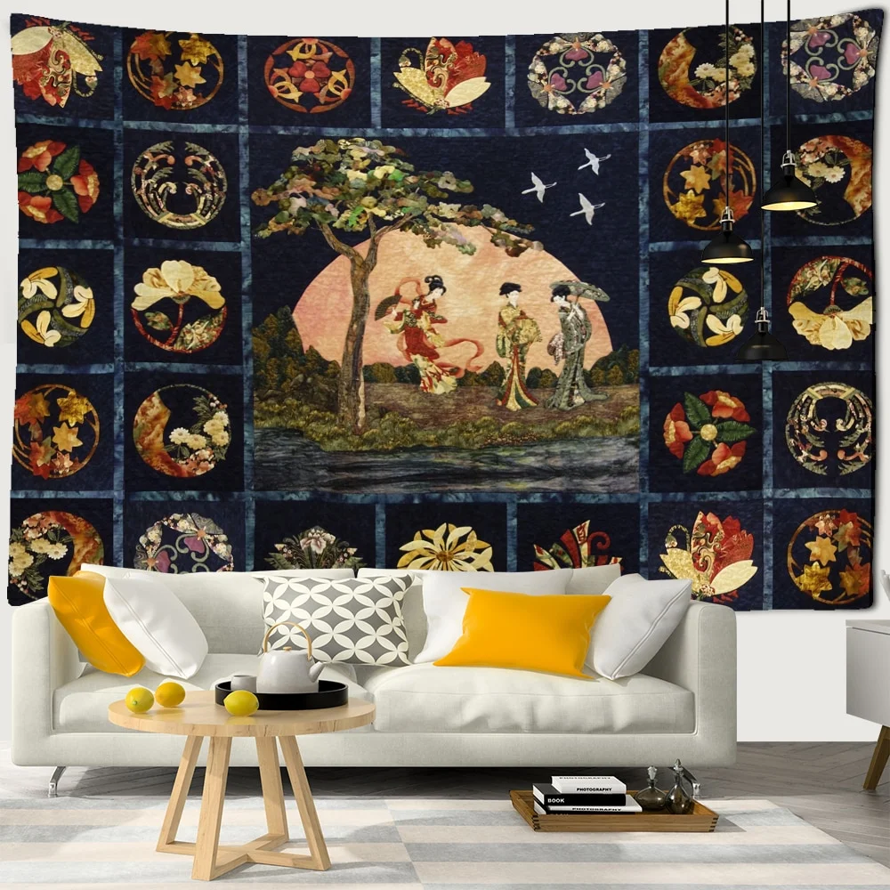 Nigikala Cactus Tapestry Wall Hanging Psychedelic Witchcraft Moon Starry Sky Mushroom Illustration Hippie Boho Style Home Decor