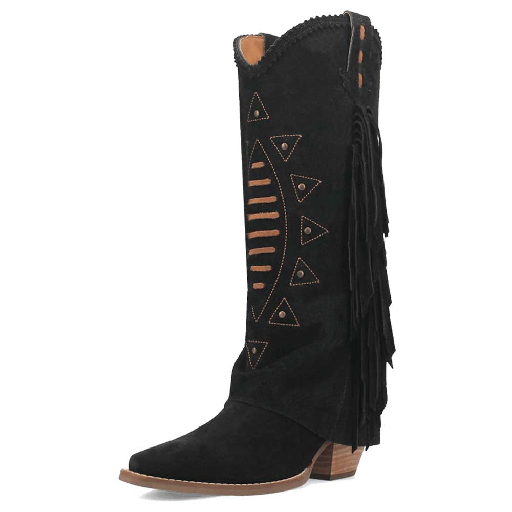 Black Almond Toe Chunky Heel Studded Fold Over Boots with Fringe
