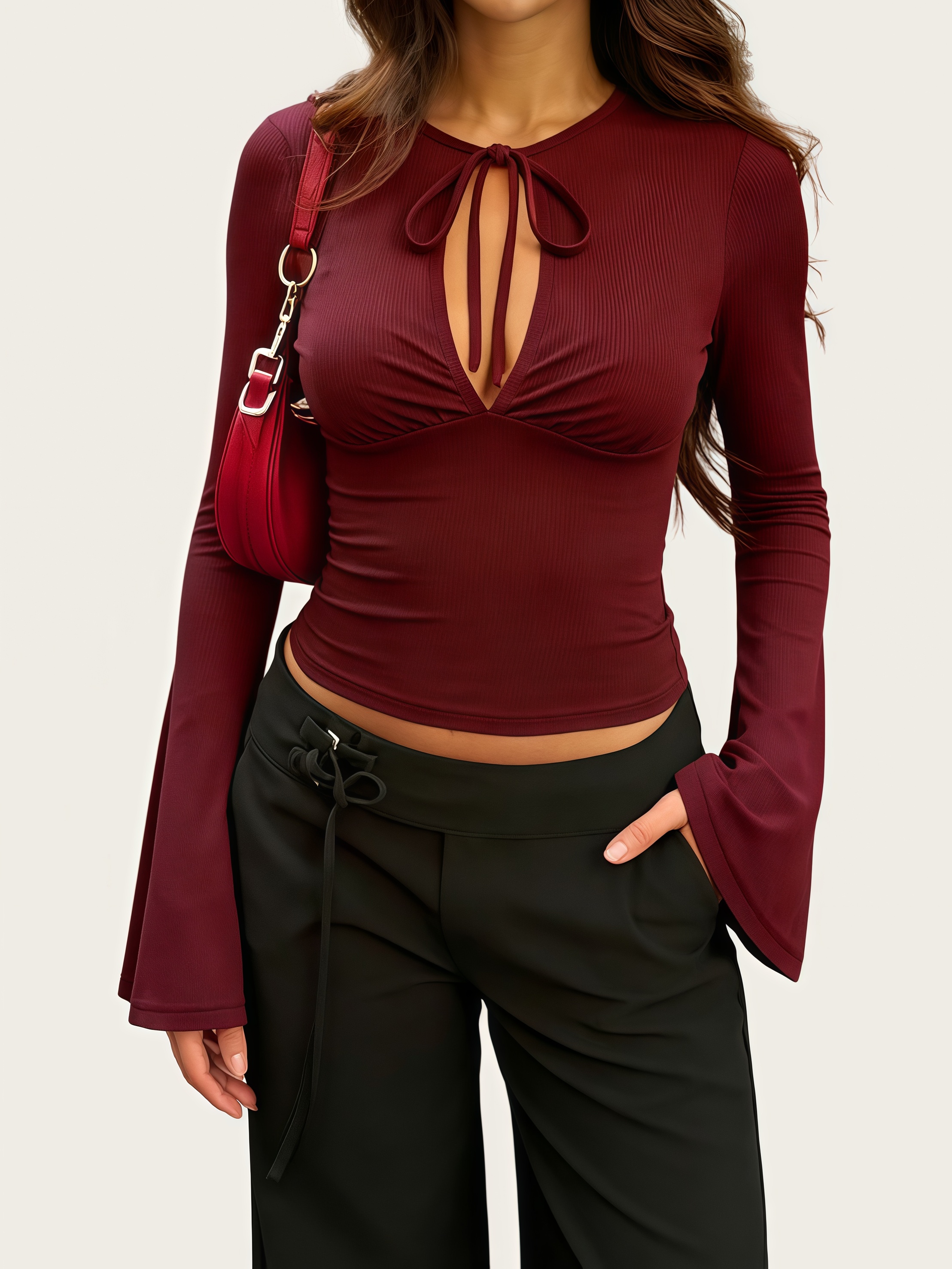 Tie-Neck Bell-Sleeve Ribbed Crop Top - HIGIANNA&reg;