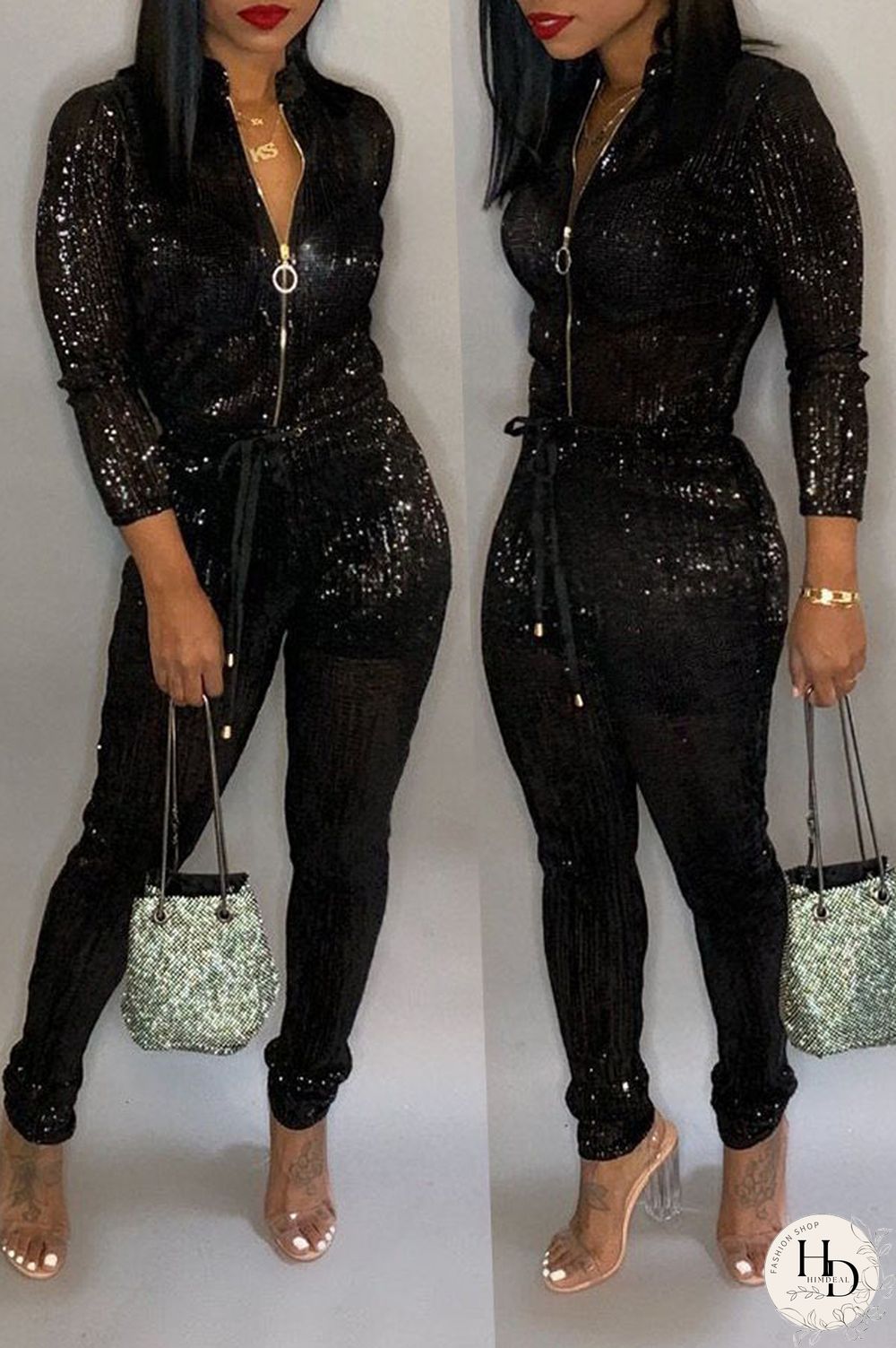 Black Trendy Zipper Design Blending One-piece Jumpsuit