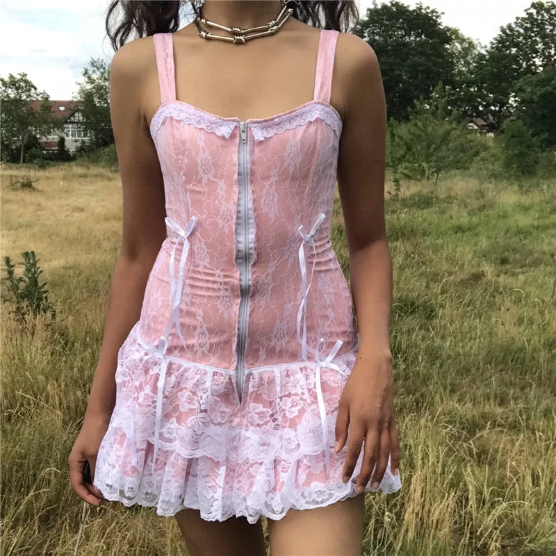 Graduation Gifts  Fairy Kawaii Pink Lace Mini Dress y2k  Grunge Bow Zipper Spaghetti Strap Slim Fit Dress Women Foral Sweet Streetwear