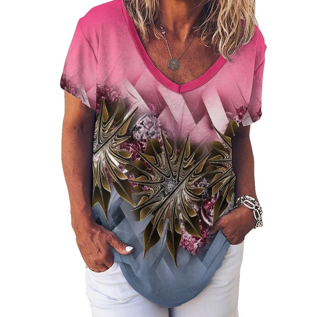 V-neck Short Sleeve Casual T-shirt for  Women Printed with Pattern Floral, Gray, Red