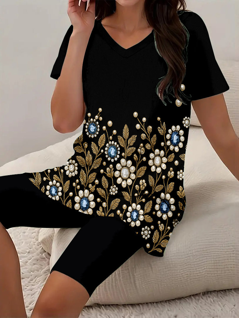 Women Long Sleeve V-neck Graphic Floral Printed Top
