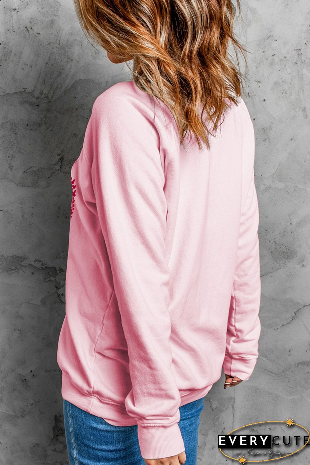Pink Valentine Hearts Print Long Sleeve Pullover Sweatshirt