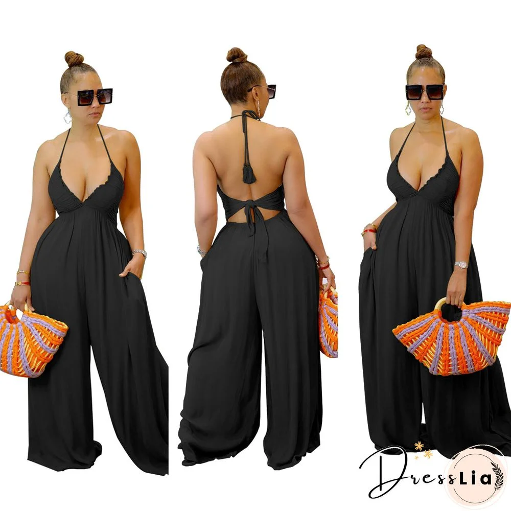 Solid Halter V Neck Loose Wide Leg Jumpsuit