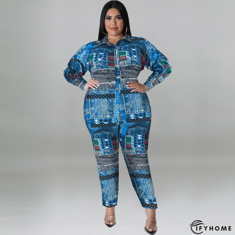 Plus Size Women's Fall Print Long Sleeve Jumpsuit | IFYHOME