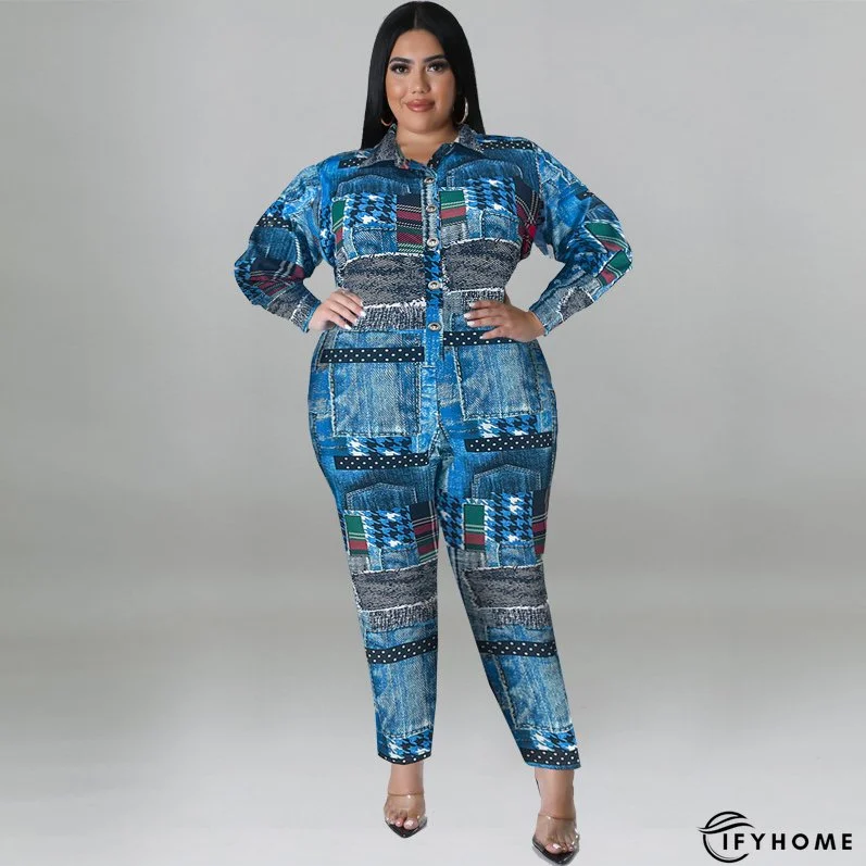 Plus Size Women's Fall Print Long Sleeve Jumpsuit | IFYHOME