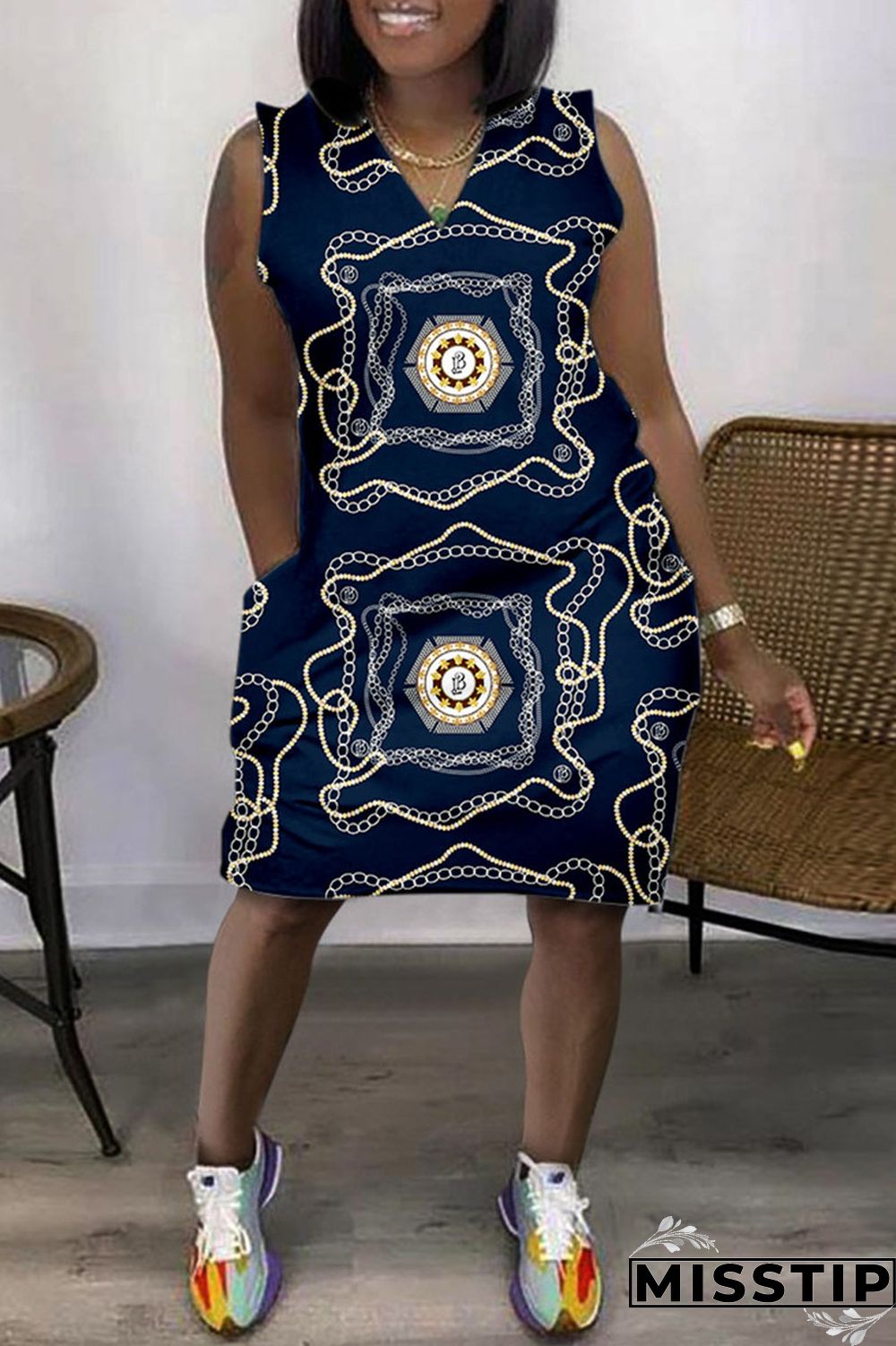 Black Apricot Casual Print Basic V Neck Sleeveless Dress Dresses