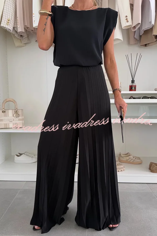 Fashionable Round Neck Shoulder Pads Top and Elastic Waist Pleated Wide-leg Pants Set
