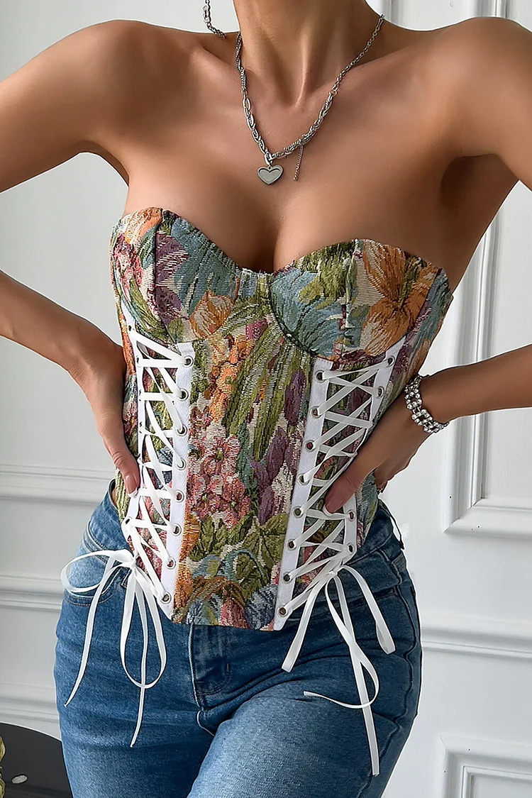 Lace Up Sweetheart Neckline Strapless Floral Pattern Corset-Green