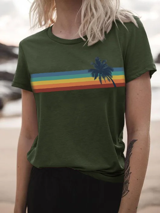 Rainbow Coconut Tree Print Short Sleeve Women's T-shirts in  mildstyles