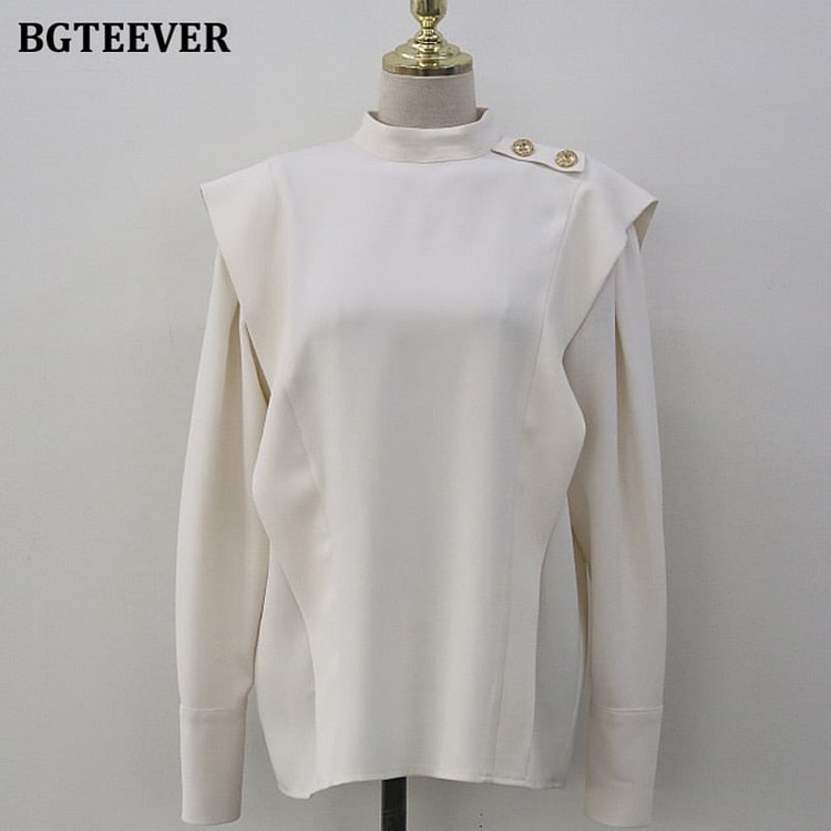BGTEEVER Chic Elegant Office Ladies White Shirts Stand Collar Buttons Women Long Sleeve Blouses Tops Autumn Loose Blusas - BlackFridayBuys