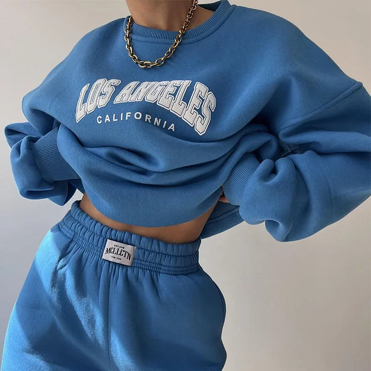 Letter Printed Thickened Suit Plus Velvet Sweatshirt Long-Sleeved Pants Suit at Hiphopee