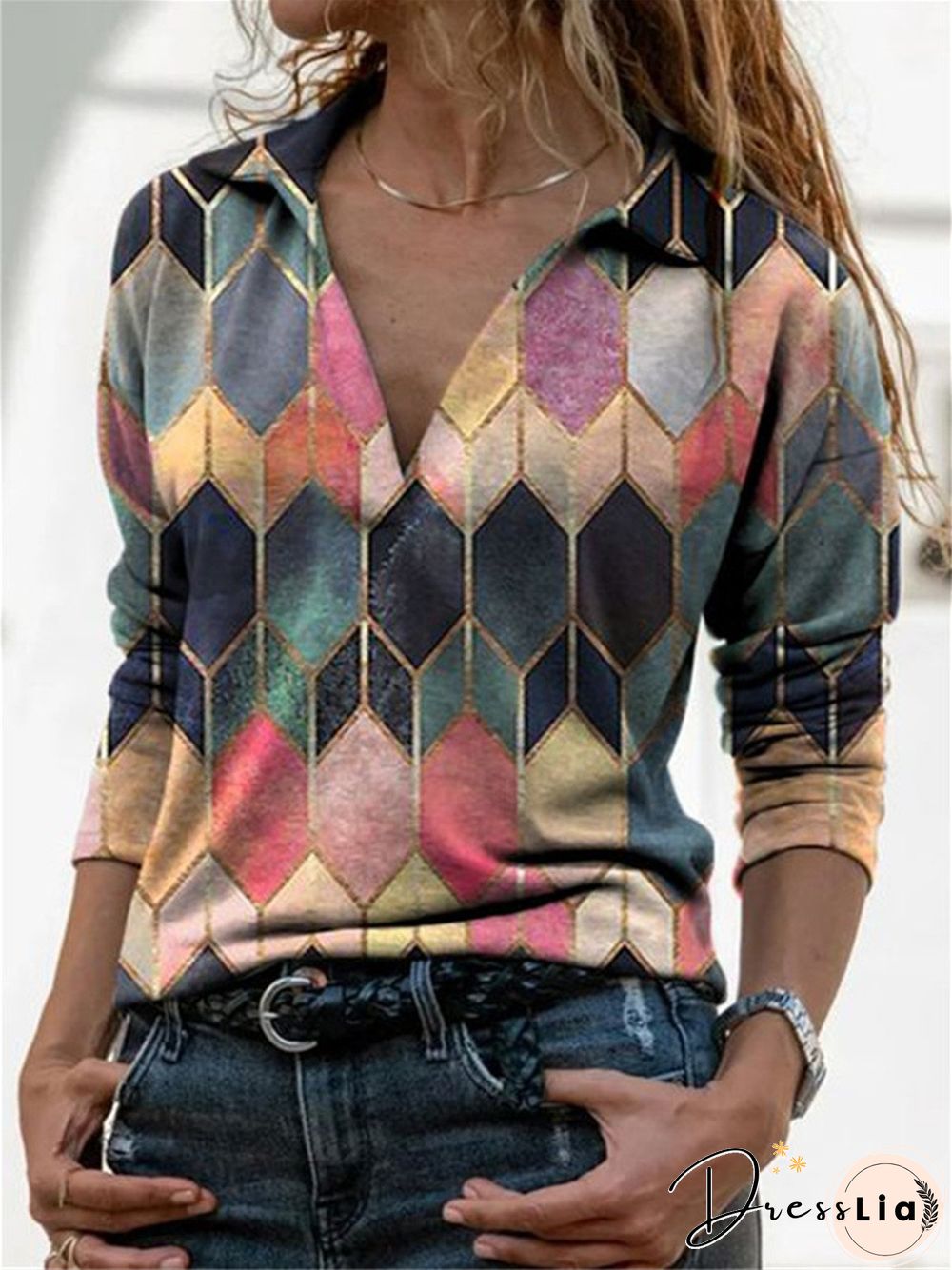 Color-Block Long Sleeve Shirt Collar Abstract Blouse