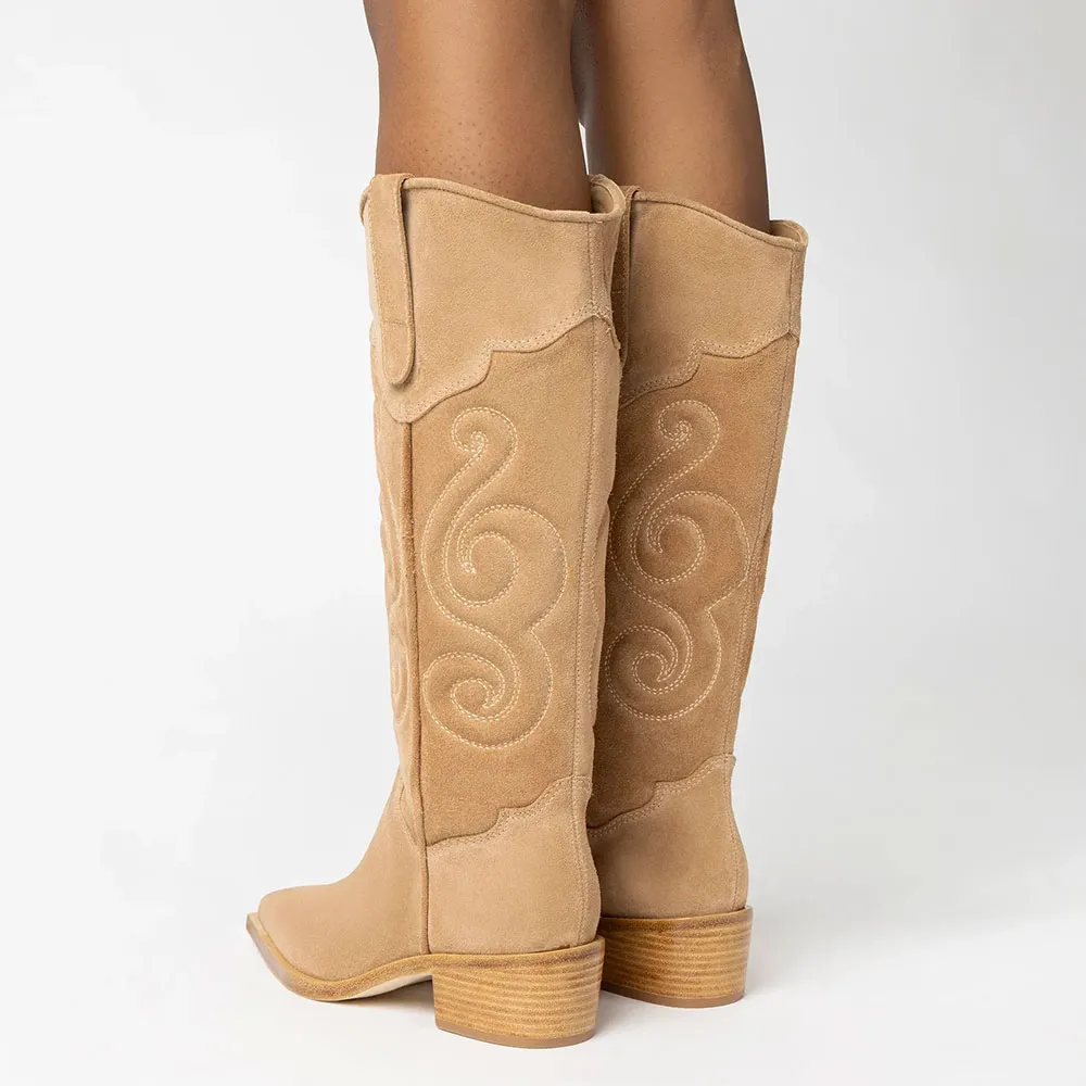 Closed Toe Block Heel Tan Embroidered Cowgirl Boots for Women