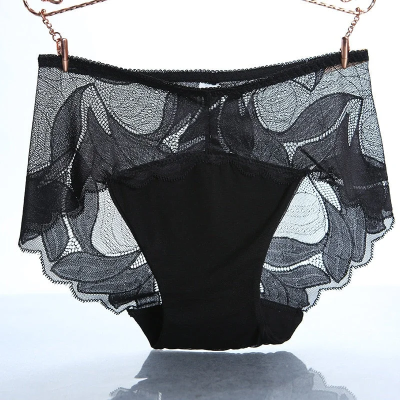 Summer Sexy Lace Panties Mid Waist Women Transparent Silk Underwear Seamless Plus Size Briefs Abdomen Health Knickers Lingerie