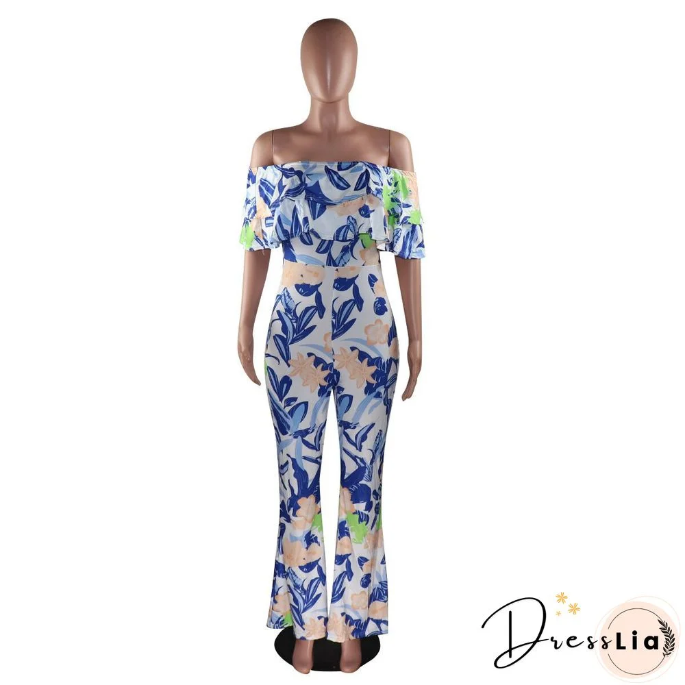 Sexy Off Shoulder Ruffles Floral Printed Wide-legs Jumpsuit