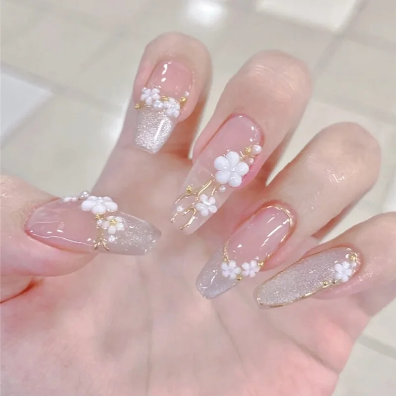 24pcs Glitter Design Fake Nail Patch Coffin Long 3D White Flower Print Nail Art Patches Full Finished Women Girl False Nail tips