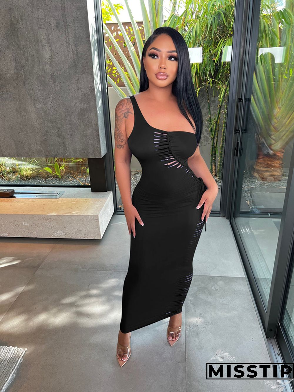 One Shoulder Sleeveless Cut Out Lace Up Maxi Dress