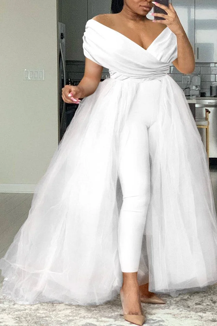 Xpluswear Plus Size White Formal One Piece Outfit Off Shoulder V Neck Tulle Jumpsuit (With Tulle Skirts)