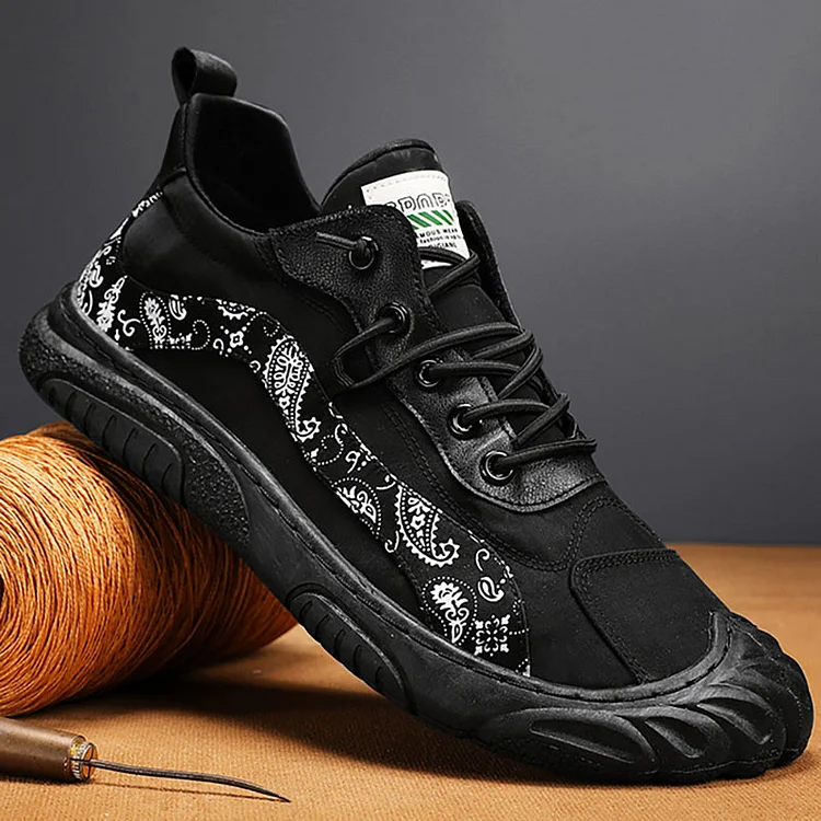 Faux Leather Floral Print Lace Up Round Toe Outdoor Sneakers
