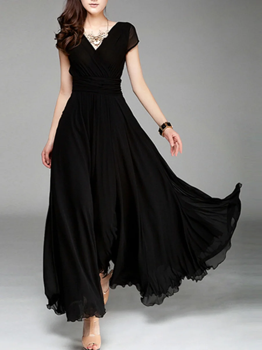 V-Neck Plain Maxi Dress - SissiStyles.com