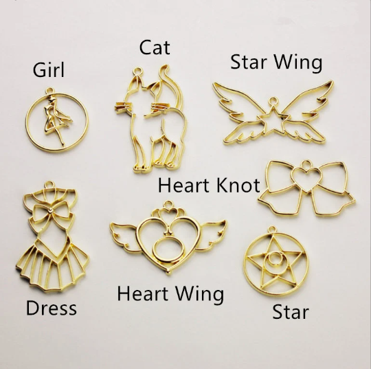 10Pcs 3 Color Cute Love Heart/Stars/Wings/Dress/Cat Metal Frame Pendant Charm Bezel Setting Cabochon Setting UV Resin Charm Accessories