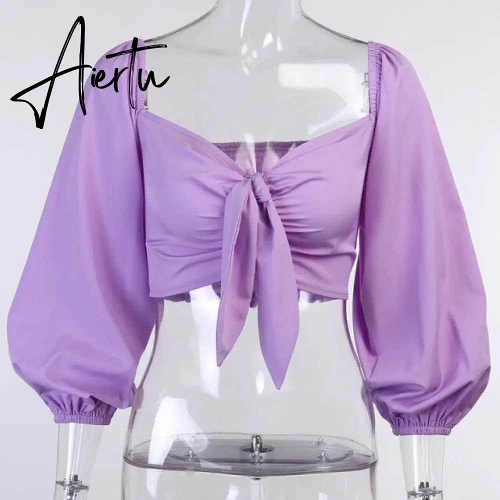 Spring Summer Crop Top Women Tees Tops Sexy Club Slash Neck T-Shirts Streetwear Solid Button Long Sleeve Slim T Shirt Women Aiertu