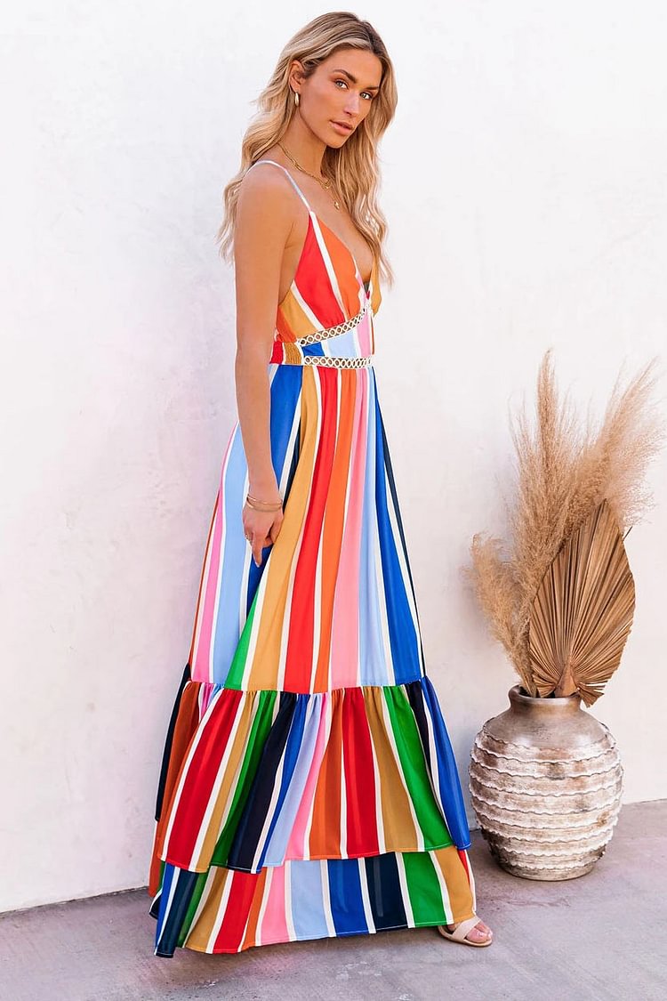 Deep V-Neck Sleeveless Backless Rainbow Stripe Evening Dress - BlackFridayBuys