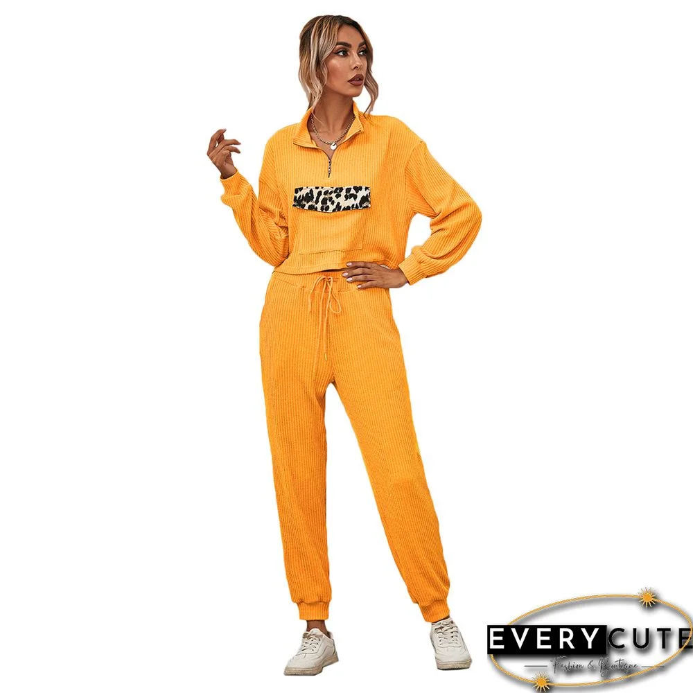 Yellow Zipper Up Leopard Detail Sweatshirt with Pant Set