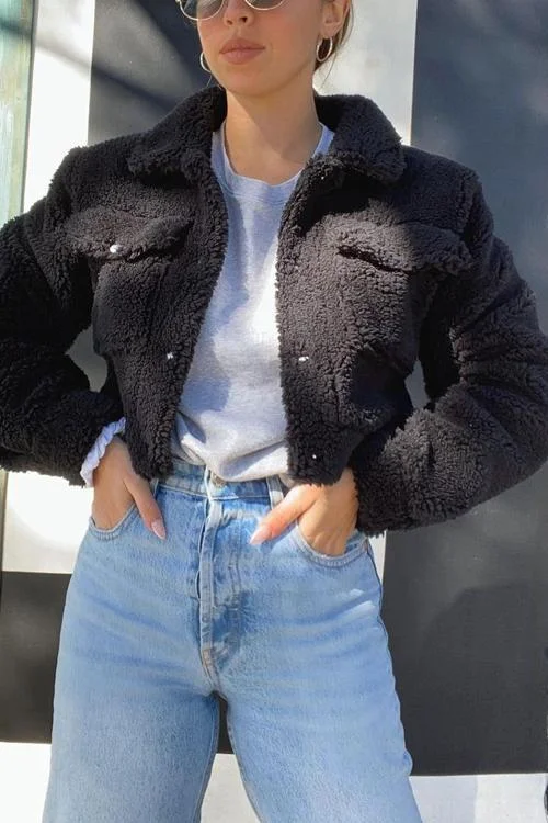 Fuzzy Button Crop Jackets