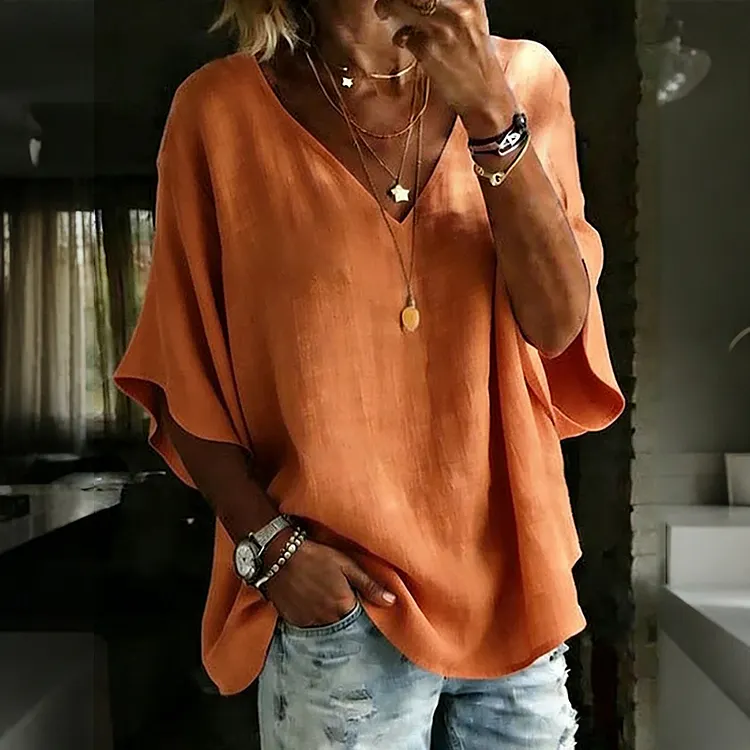 Women's Solid Color V-neck Linen Blend Loose T-shirt