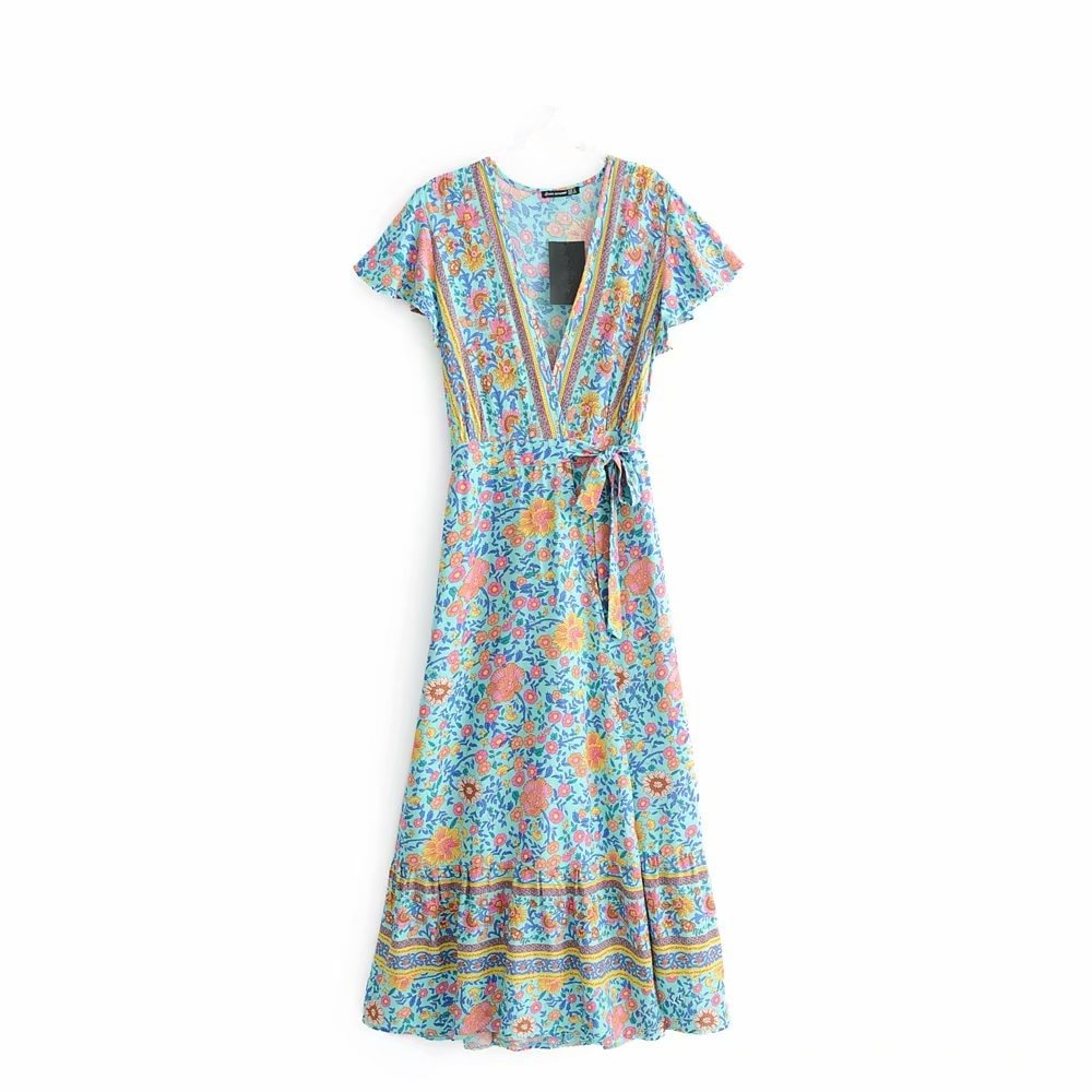 Zingj Queens Women Floral Print Bat Sleeve Beach Bohemian Maxi Dress Ladies Cross V Neck Sashes Boho Wrap Dresses