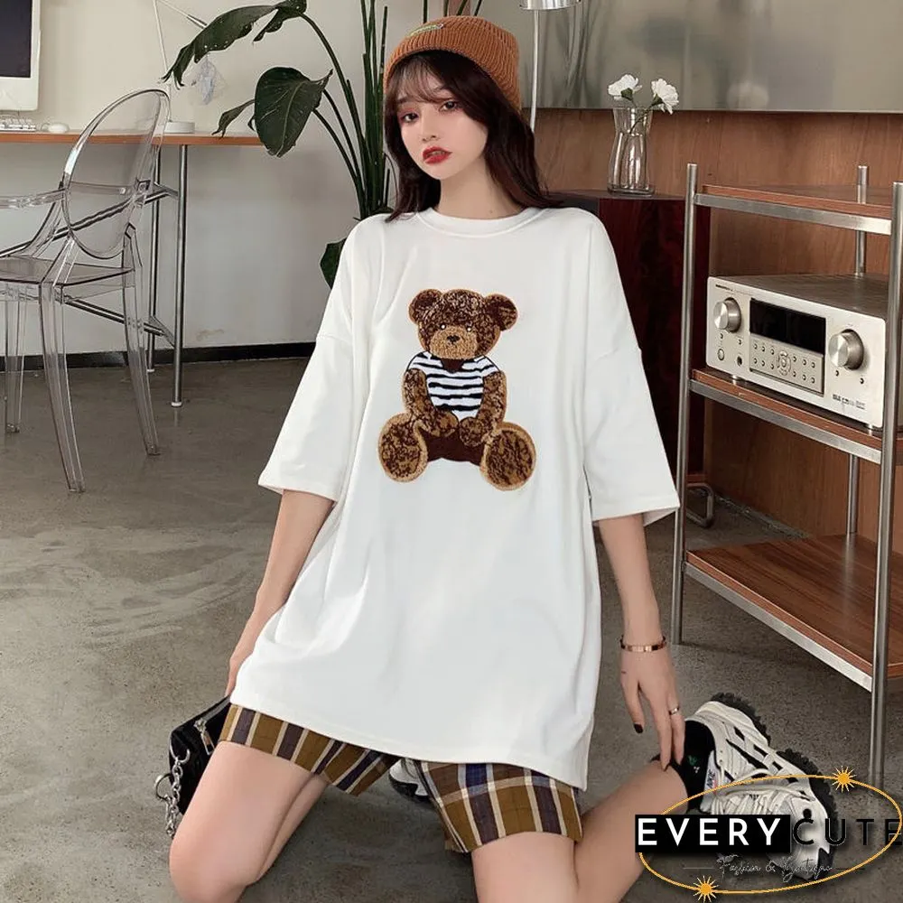 Harajuku Streetwear Oversized Women T-shirts Korean Cute Bear Half Sleeve Loose T-Shirt