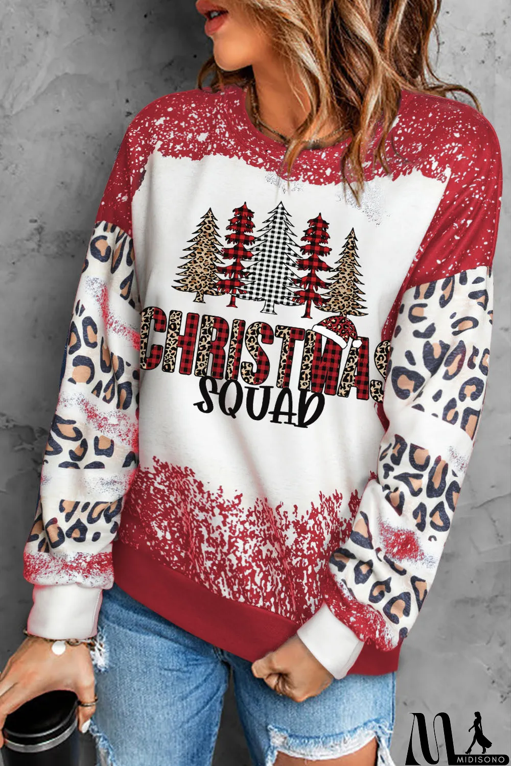 MidiSono - Red Christmas Tree Leopard Bleached Print Pullover Sweatshirt